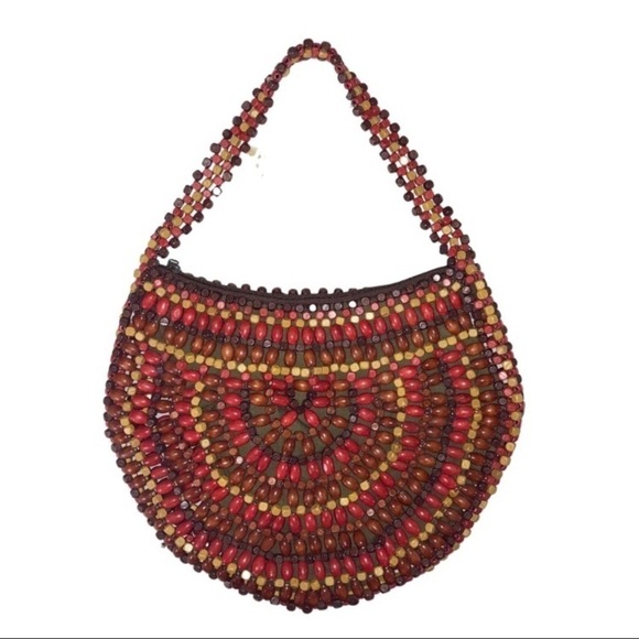 Coachella Wooden Beaded Boho Purse Red Tan Brown Bohemian Festival Women’s Bag - Picture 5 of 6
